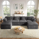 Sectional Couch with Ottoman Modern Upholstered Compressed Sofa Deep Seat, Comfy U-Shape Corduroy Couches
