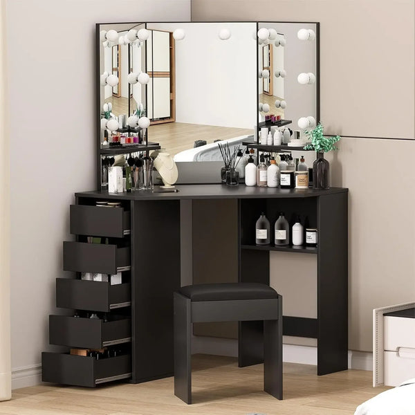 Corner Vanity Desk with Mirror and Lights, Makeup Table Set with Lighted Mirror, 3 Adjustable Lighting Colors