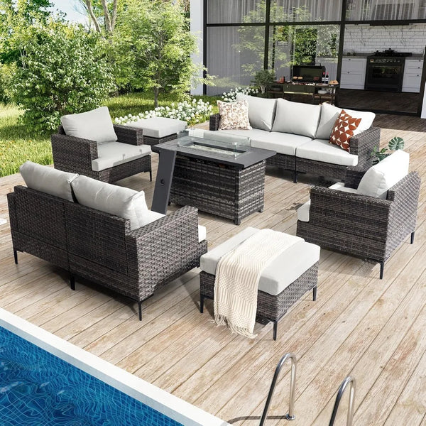 10 Piece Luxury Patio Furniture Set with 44" Fire Pit Table All Weather Outdoor Sectional with Thick Cushions