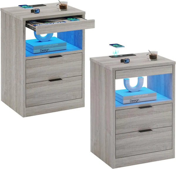 Led Nightstands Set Of 2, Grey Nightstand With Wireless Charging Station 2 Drawers, Modern Bedroom