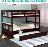 Full Bunk Bed with Trundle, Solid Wood Trundle Bed Frame w/Guardrails and Ladder, Convertible to 2 Beds