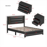 3-Pieces Bedroom Sets Queen Size Upholstered Bed with LED Lights, Nightstands and Dresser