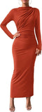 Women Bodycon Maxi Dress Long Sleeve Back Slit Ruched Elegant Party Cocktail Formal