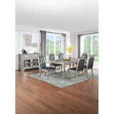Silver / Grey Finish 7pc Dining Set Table,  Chairs Rubber wood Intricate Design Tufted back Cushion