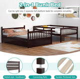 Full Bunk Bed with Trundle, Solid Wood Trundle Bed Frame w/Guardrails and Ladder, Convertible to 2 Beds
