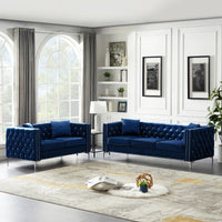 2 Piece Modern Velvet Living Room Set with Sofa and Loveseat,Jeweled Button Tufted Copper Nails Square Arms