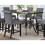 rectangular dining table, 6 high chairs, charcoal fabric cluster back tabletop chairs