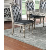 Silver / Grey Finish 7pc Dining Set Table,  Chairs Rubber wood Intricate Design Tufted back Cushion
