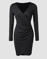 Elegant Black V-Neck Long Sleeve Mini Dress with Glitter Detail - Stretchy Polyester  Ruched Cocktail Party Gown
