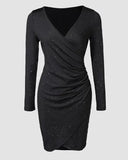 Elegant Black V-Neck Long Sleeve Mini Dress with Glitter Detail - Stretchy Polyester  Ruched Cocktail Party Gown