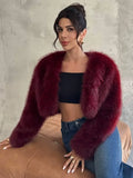 Fall/Winter Women's Fashionable Elegant Minimalist Burgundy Long Sleeve Short Faux Fur Coat, New Arrival