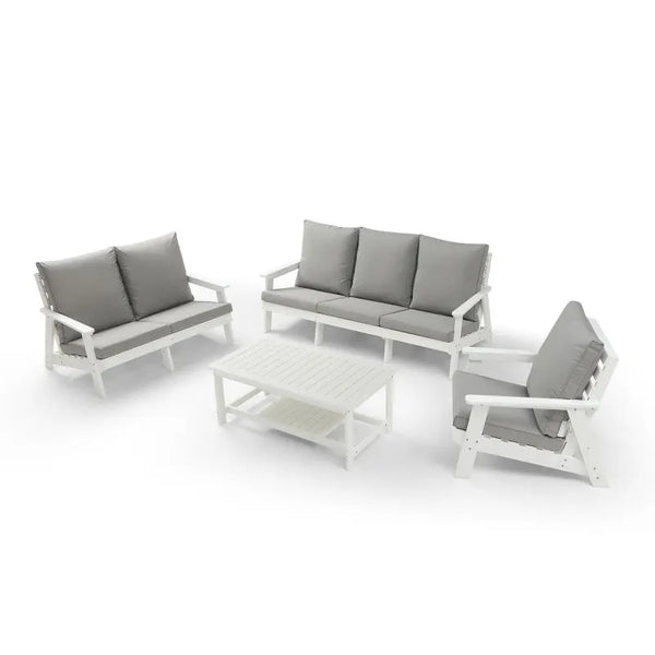 4-Piece Patio Set, HIPS Weather Resistance Outdoor Sofa and Coffee Table, White/Grey