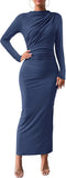 Women Bodycon Maxi Dress Long Sleeve Back Slit Ruched Elegant Party Cocktail Formal