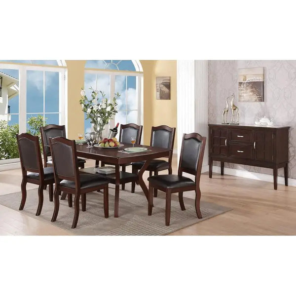 7pc Formal Dining Set with Solid Wood Table, Shelve & 6 Chairs