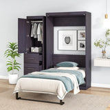 Twin Bed with Wardrobe and Drawers, Storage Bed, can be Folded into a Cabinet, Gray