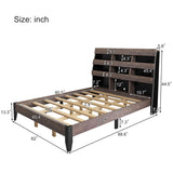 3 Pieces Bedroom Sets Mid Century Modern Style Queen Bed Frame with Bookshelf and LED Lights and USB