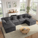 Sectional Couch with Ottoman Modern Upholstered Compressed Sofa Deep Seat, Comfy U-Shape Corduroy Couches