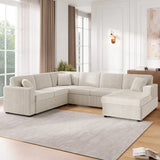 U-Shaped Sofa with a Chaise Lounge and Three Soft Throw Pillows for Living Room, Light