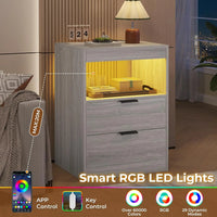 Led Nightstands Set Of 2, Grey Nightstand With Wireless Charging Station 2 Drawers, Modern Bedroom
