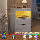 Led Nightstands Set Of 2, Grey Nightstand With Wireless Charging Station 2 Drawers, Modern Bedroom