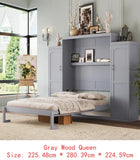 Queen Size Murphy Bed with 2 Wardrobes and Storage Shelf, Multifunctional Foldable Bed Frame