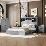 4-Pieces Bedroom Sets Queen Size Vintage Wooden Bed Frame with 2 Nightstands