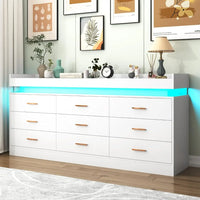 9 Drawer Dresser with LED Light, Modern Chest of Drawers  Cabinet for Bedroom, White