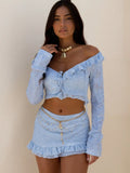 Women's Light Blue Ruffle 2 Piece Set Off Shoulder Crop Top and Mini Skirt Beach