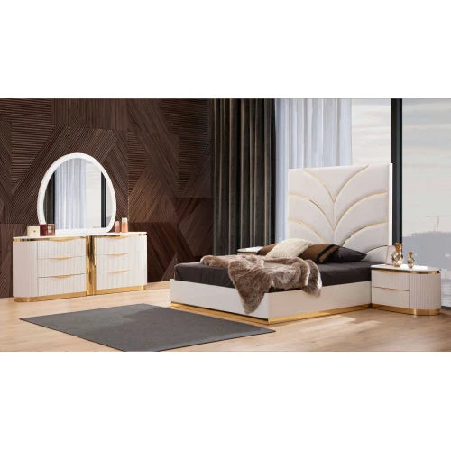 Modern light luxury style，Gold Detailed Upholstery Queen made with Wood in White