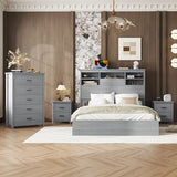 4-Pieces Bedroom Sets Queen Size Vintage Wooden Bed Frame with 2 Nightstands