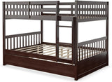 Full Bunk Bed with Trundle, Solid Wood Trundle Bed Frame w/Guardrails and Ladder, Convertible to 2 Beds