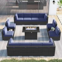 Patio Furniture Set with Fire Pit Table, Outdoor Wicker Rattan Sectional Sofa with Coffee Table