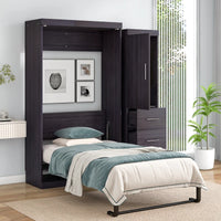 Twin Bed with Wardrobe and Drawers, Storage Bed, can be Folded into a Cabinet, Gray