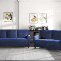 Modern Living Room Sofa Set 2pcs Comfort Sofa Loveseat Plush Seatbacks Tufted Detail Blue Velvet Upholstery Solid Wood