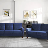 Modern Living Room Sofa Set 2pcs Comfort Sofa Loveseat Plush Seatbacks Tufted Detail Blue Velvet Upholstery Solid Wood
