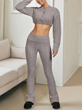 Womens 2 Piece Outfits Long Sleeve Button Cropped Cardigan High Waist Flared Pants Knit Workout