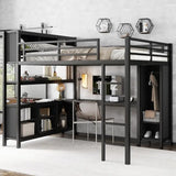 Queen Size Metal Loft Bed with Wardrobe & L-shaped Desk, Heavy Duty Storage Bed