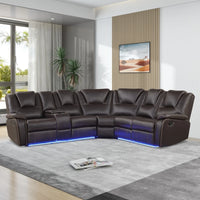 Modern Faux Leather Manual Reclining with Center Console and LED Light Strip,Living Room Furniture Set