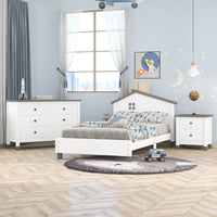 Bedroom  Platform Bed with Nightstand and Storage dresser,White+Gray