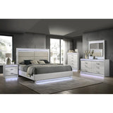 White Wood Queen Bedroom Set with LED Headboard, Modern Glam Design