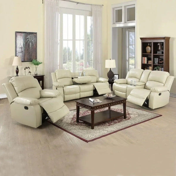 Leather Recliner Sofa Set, Leather Reclining Sofa Set for Living Room Furniture Sets,Beige Recliner Couch Set