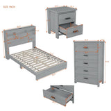 4-Pieces Bedroom Sets Queen Size Vintage Wooden Bed Frame with 2 Nightstands