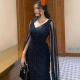 Serene Hill Black Arabic Cape Sleeves Evening Dresses Gowns 2023 Luxury Beaded A-Line For Women