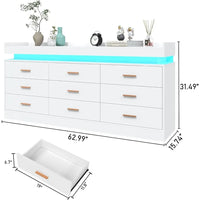 9 Drawer Dresser with LED Light, Modern Chest of Drawers  Cabinet for Bedroom, White