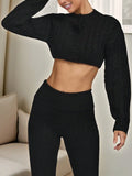 Womens 2 Piece Outfits Long Sleeve Button Cropped Cardigan High Waist Flared Pants Knit Workout