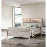 Queen Size Bed with Headboard, Shelves, and Lighting in White Wash Finish
