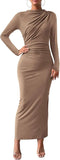 Women Bodycon Maxi Dress Long Sleeve Back Slit Ruched Elegant Party Cocktail Formal