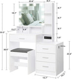Large Vanity Table Set with Lighted Mirror &Charging Station,Makeup Dressing Desk 4 Storage Shelves and Cushioned