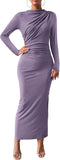 Women Bodycon Maxi Dress Long Sleeve Back Slit Ruched Elegant Party Cocktail Formal