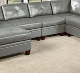 Genuine Leather Sectional Sofa Chair Ottomans 6pc Set Grey Tufted Couch Living Room Furniture